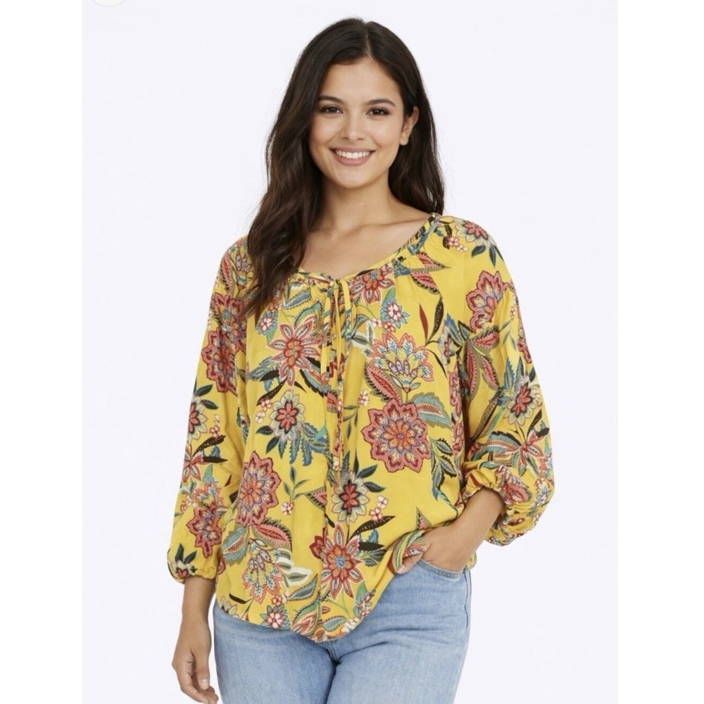 Johnny Was Anka Boho Peasant Top Women's Medium 100% Silk Floral Bohemian
